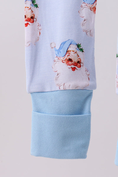 Blue santa bamboo pajama zipper romper