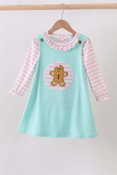 Blue gingerbread applique ruffle dress