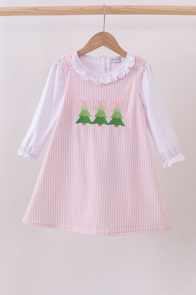 Pink christmas tree embroidery ruffle dress