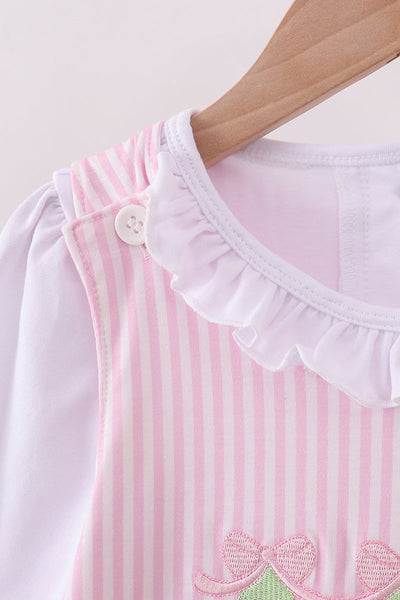 Pink christmas tree embroidery ruffle dress