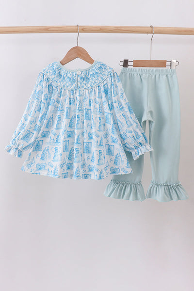 Blue snowman christmas tree smocked ruffle pants set