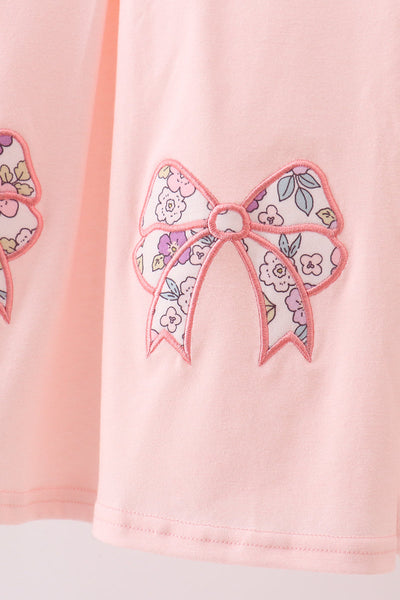 Pink floral bow applique ruffle dress