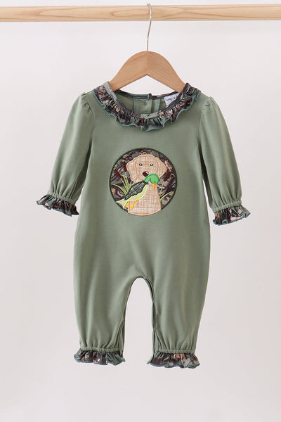Camouflage dog hunting applique ruffle romper