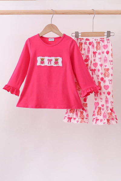 Pink bear embroidery ruffle pants set