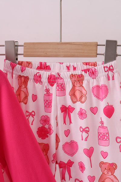 Pink bear embroidery ruffle pants set