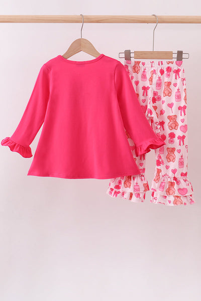 Pink bear embroidery ruffle pants set