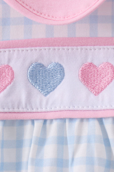 Blue heart embroidery gingham pants set