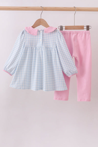 Blue heart embroidery gingham pants set