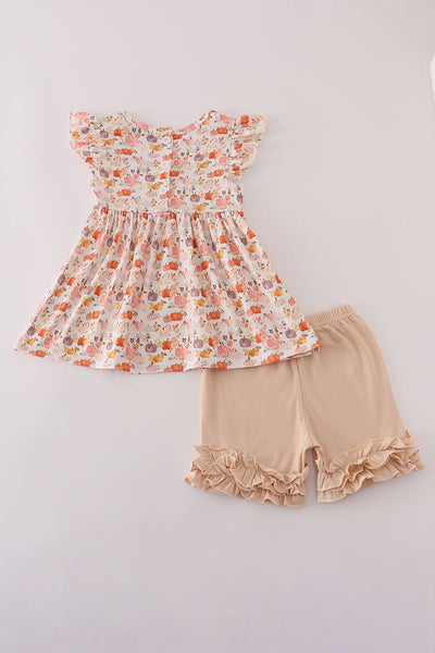 Beige french knot ruffle shorts set