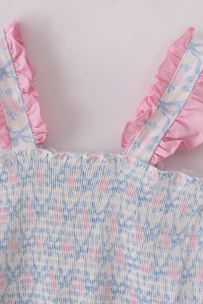 Blue bow tie print smocked mom dress