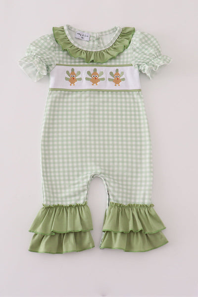 Sage turkey embroidery gingham ruffle romper