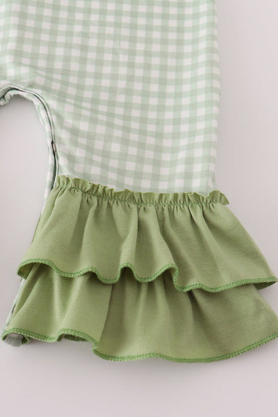Sage turkey embroidery gingham ruffle romper