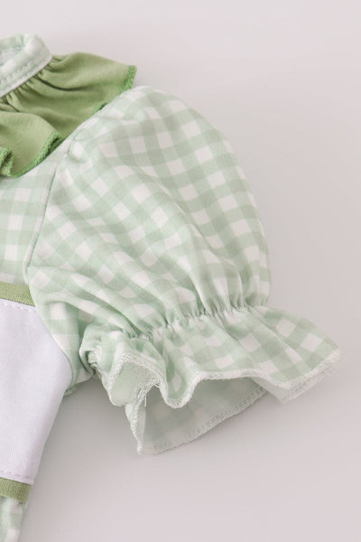 Sage turkey embroidery gingham ruffle romper
