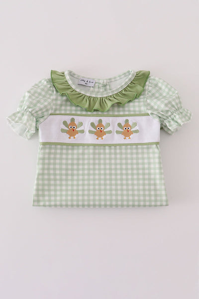 Sage turkey embroidery gingham ruffle romper