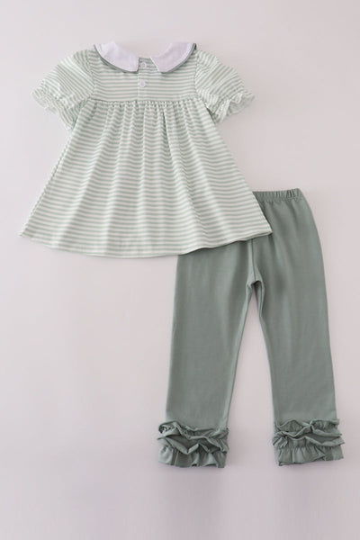 Sage stripe french knot ruffle pants set