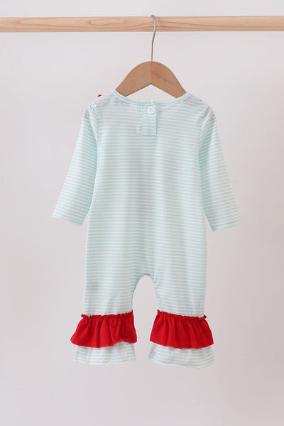 Blue reindeer applique stripe ruffle romper