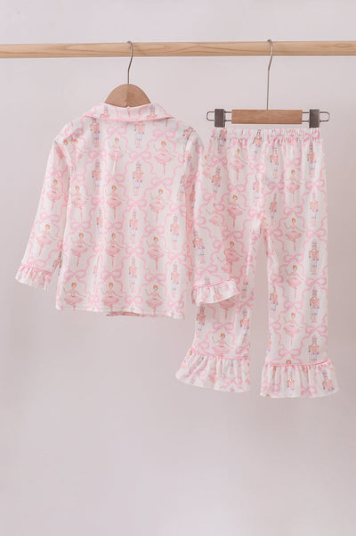 Pink nutcracker print ruffle pajamas set