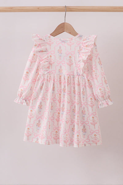 Pink nutcracker print ruffle dress