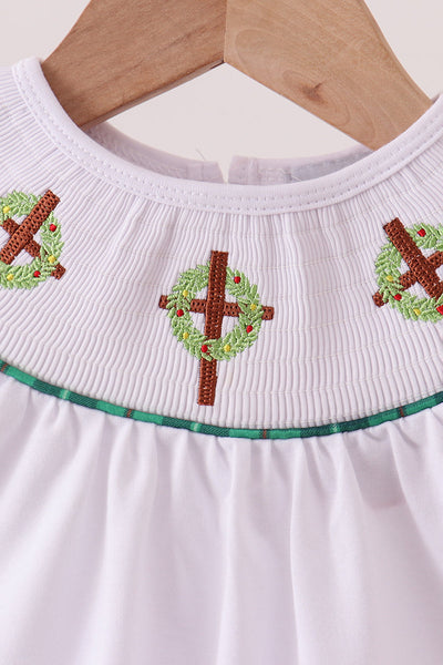 White wreath smocked romper