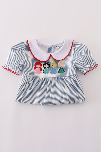 Blue princess embroidery stripe pants set