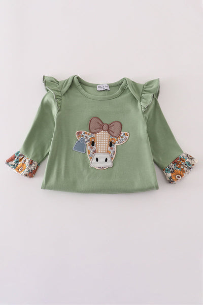 Green cow applique floral print ruffle romper