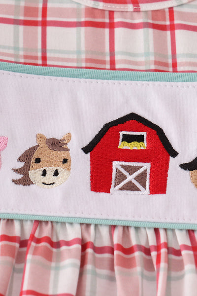 Red plaid farm embroidery ruffle pants set