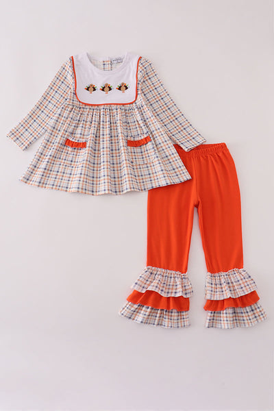 Orange turkey embroidery plaid ruffle pants set