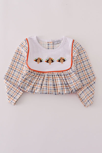 Orange turkey embroidery plaid ruffle pants set
