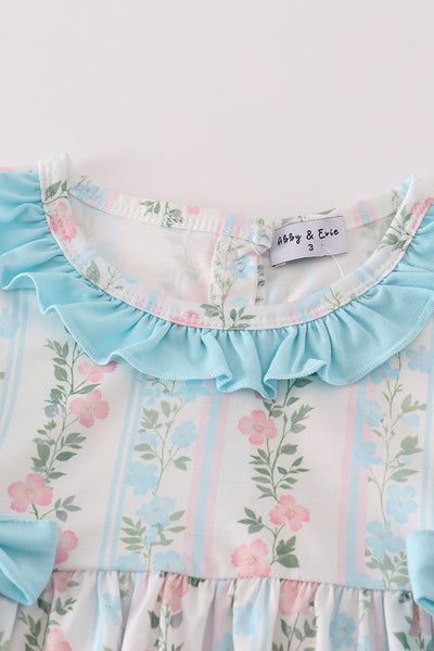 Blue floral print ruffle girl set