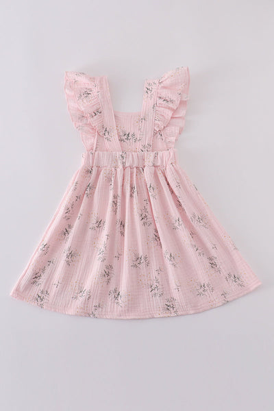 Pink floral print muslin girl ruffle dress