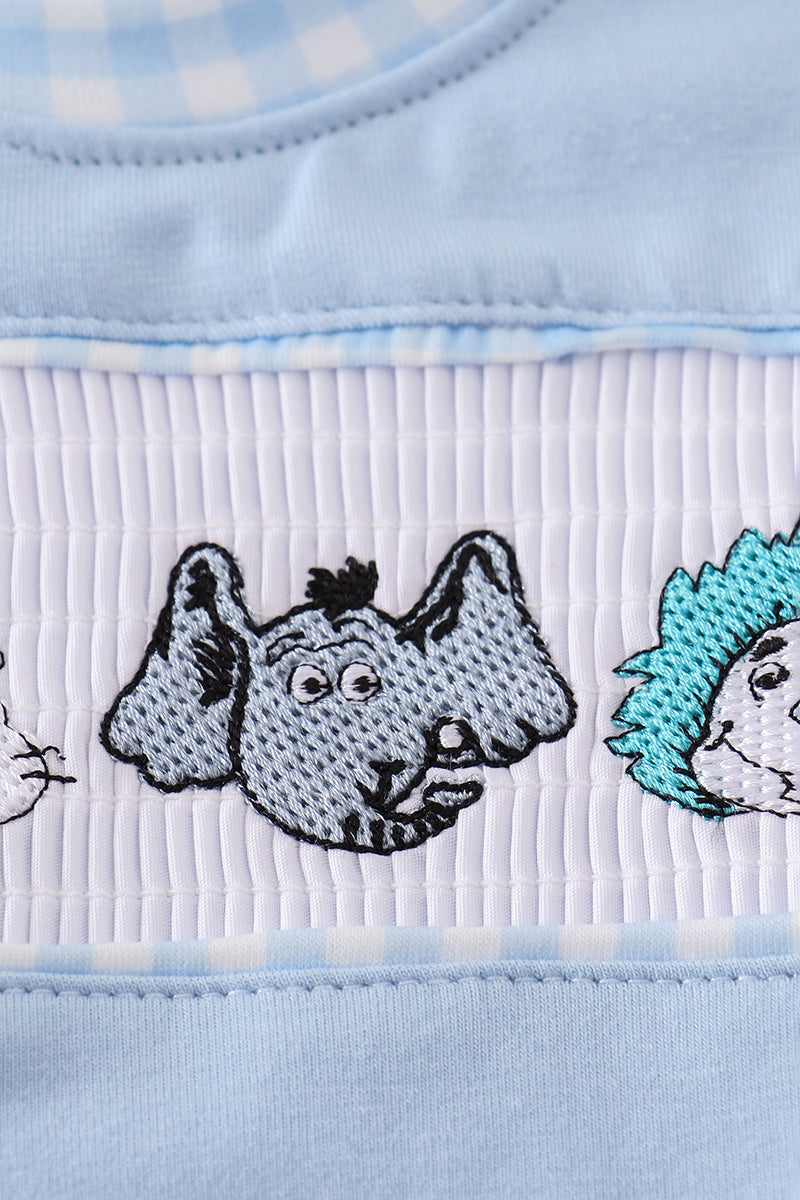 Blue Dr. Seuss embroidery smocked bubble
