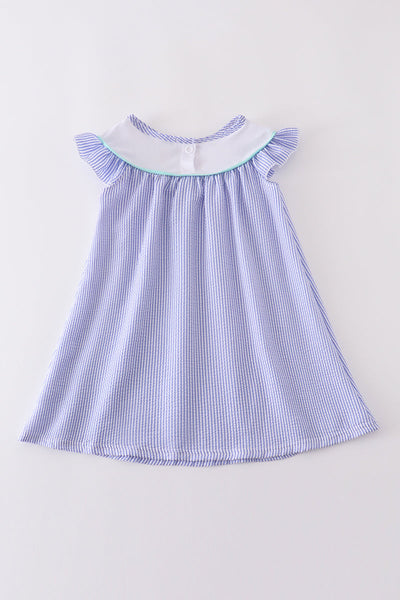 Blue stripe seersucker swordfish embroidery dress