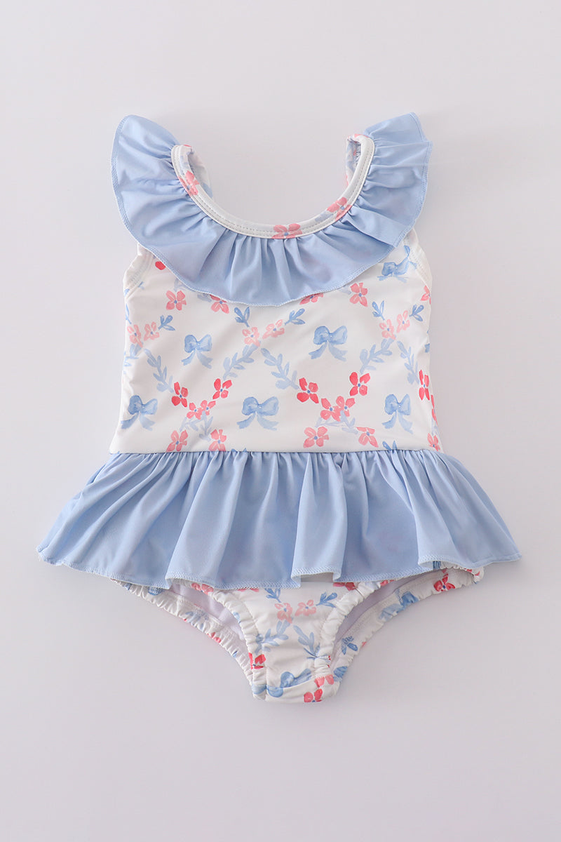 Blue bow lattice print  swimsuit