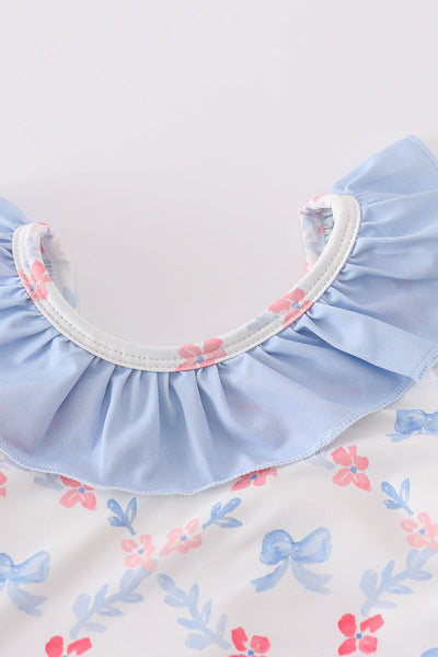 Blue bow lattice print  swimsuit