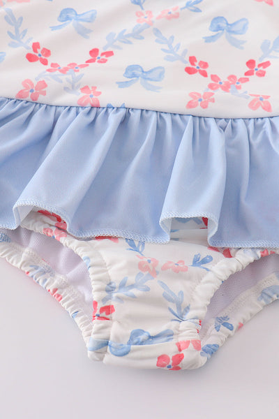 Blue bow lattice print  swimsuit