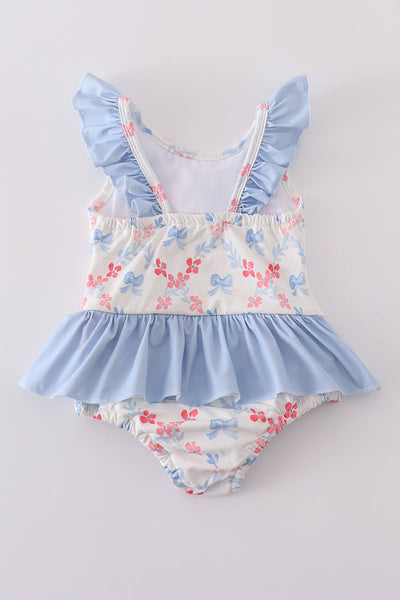 Blue bow lattice print  swimsuit