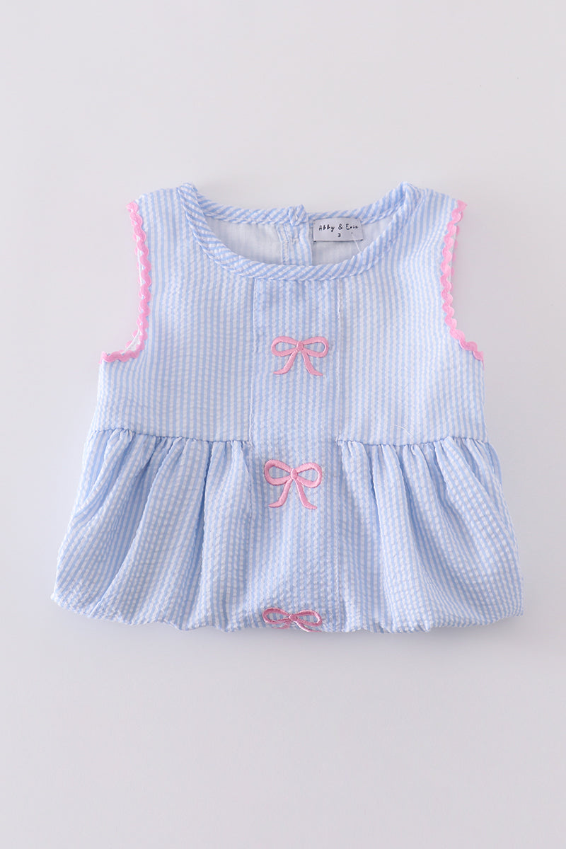 Blue striped seersucker bow embroidery girl set