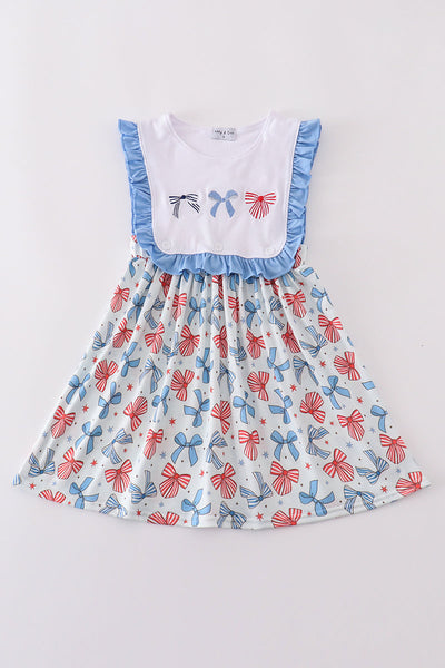 Bow trellis print embroidery ruffle dress