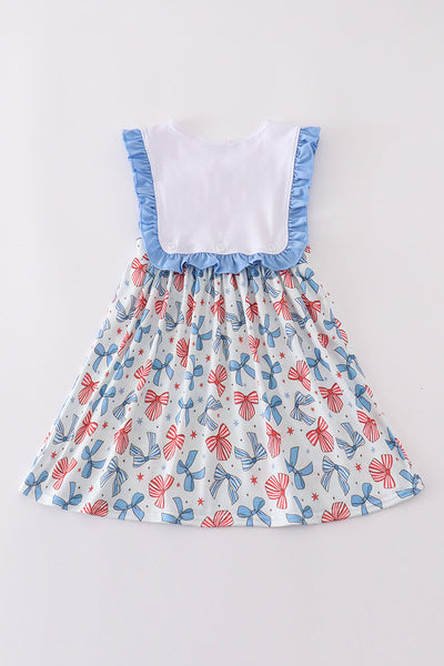Bow trellis print embroidery ruffle dress
