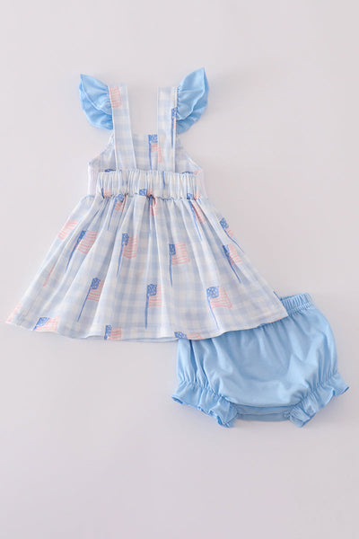 Blue flag embroidery smocked gingham bloomer set