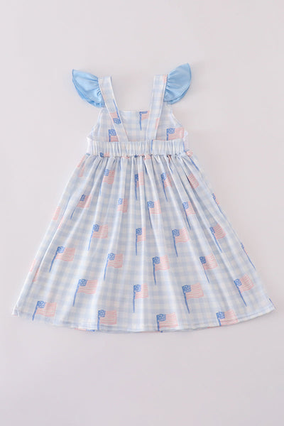 Blue flag embroidery smocked gingham dress