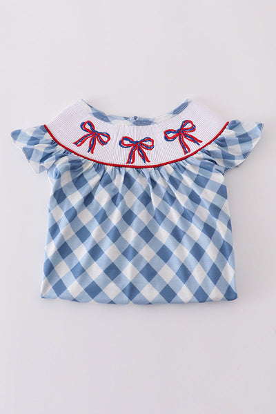Blue bow embroidery smocked dress