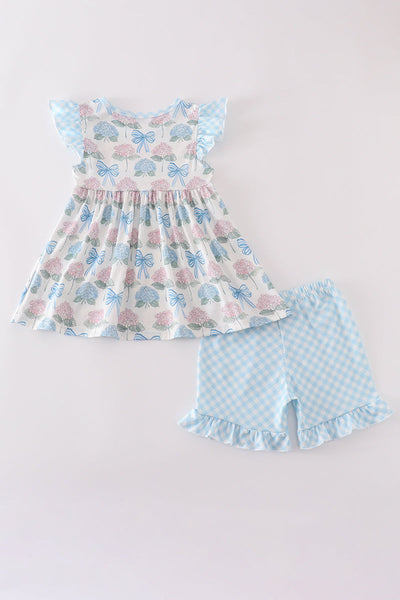 Blue hydrangea bow print ruffle shorts set