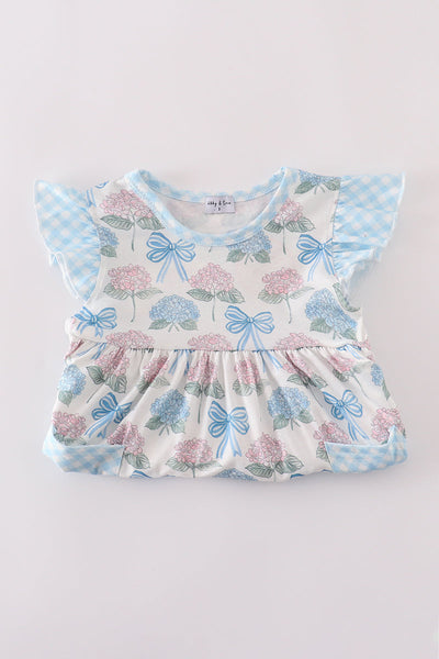 Blue hydrangea bow print ruffle shorts set