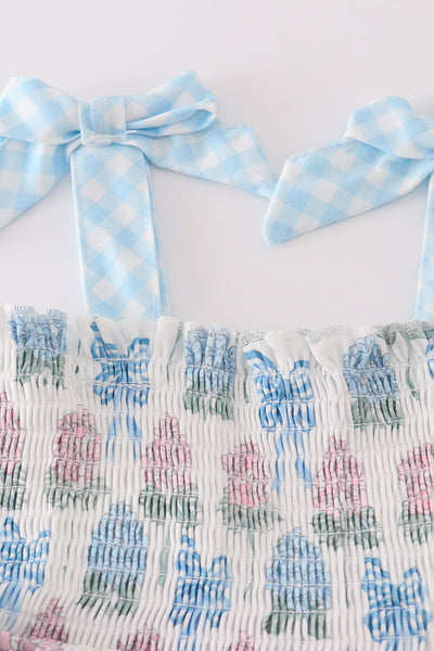 Blue hydrangea bow print ruffle shorts set