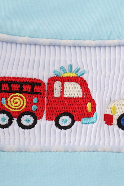 Blue fire truck police car embroidery smocked romper