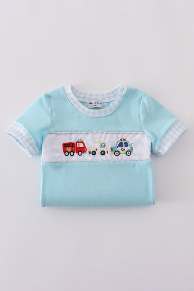 Blue fire truck police car embroidery smocked romper
