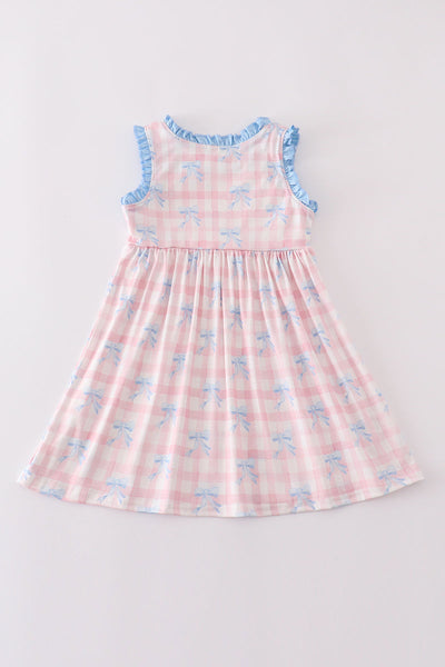 Pink plaid bow print gingham dress