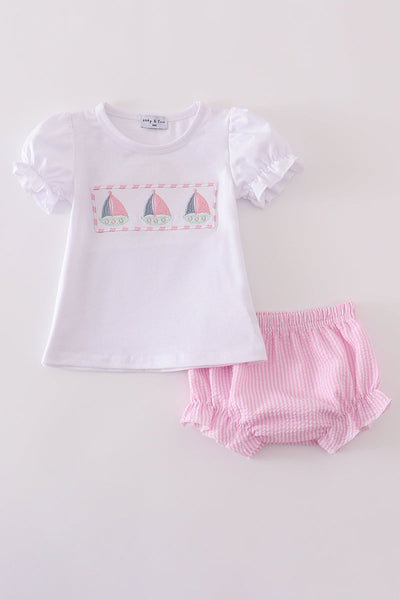 Pink stripe seersucker sailboat embroidery bloomer set