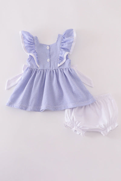 Blue stripe seersucker ruffle bloomer set